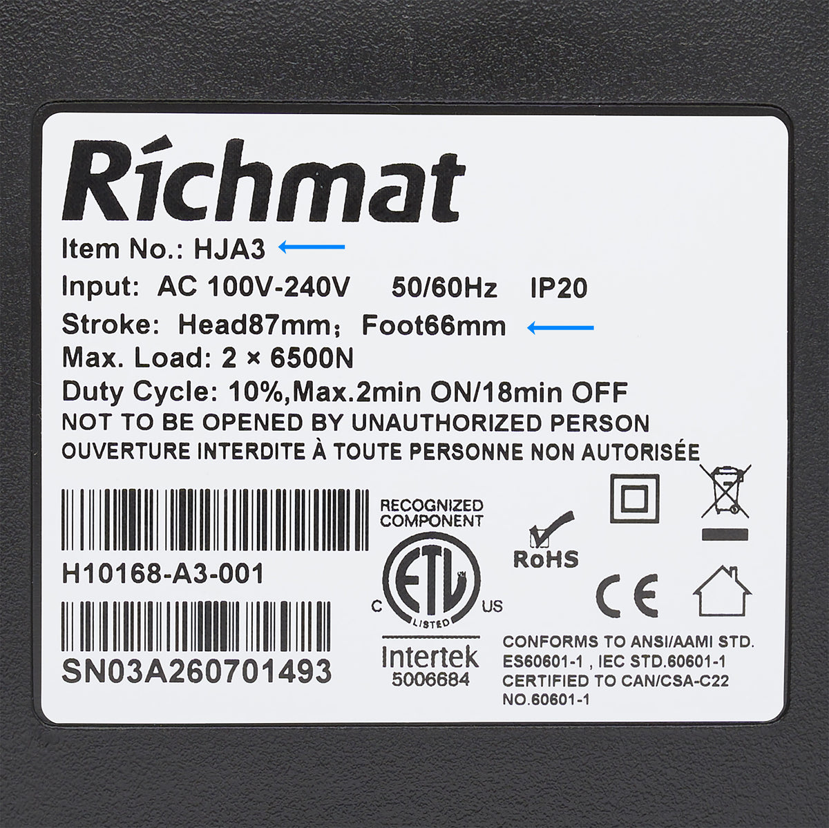 Tag of the Richmat HJA3 Dual Motor Linear Actuator