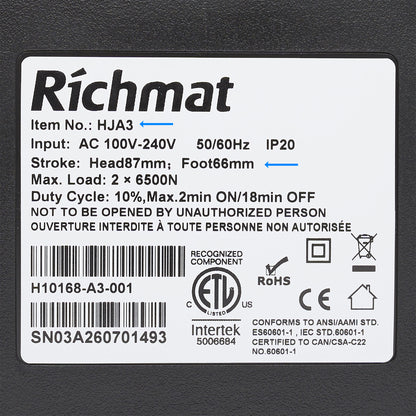Tag of the Richmat HJA3 Dual Motor Linear Actuator