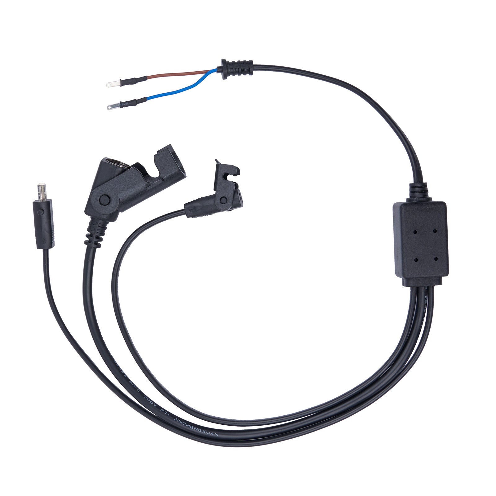 Black electrical cable with connectors on a white background