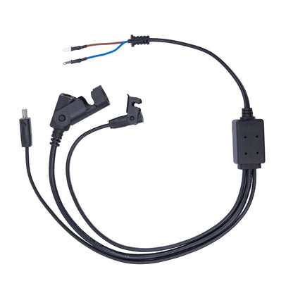 Black electrical cable with connectors on a white background