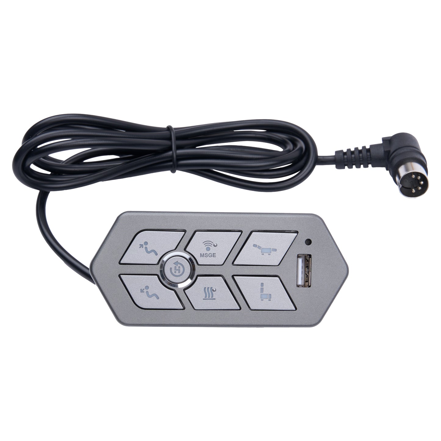 A black and gray automotive electronic control module with a coiled cable and a multi-button faceplate, shown on a plain white background.