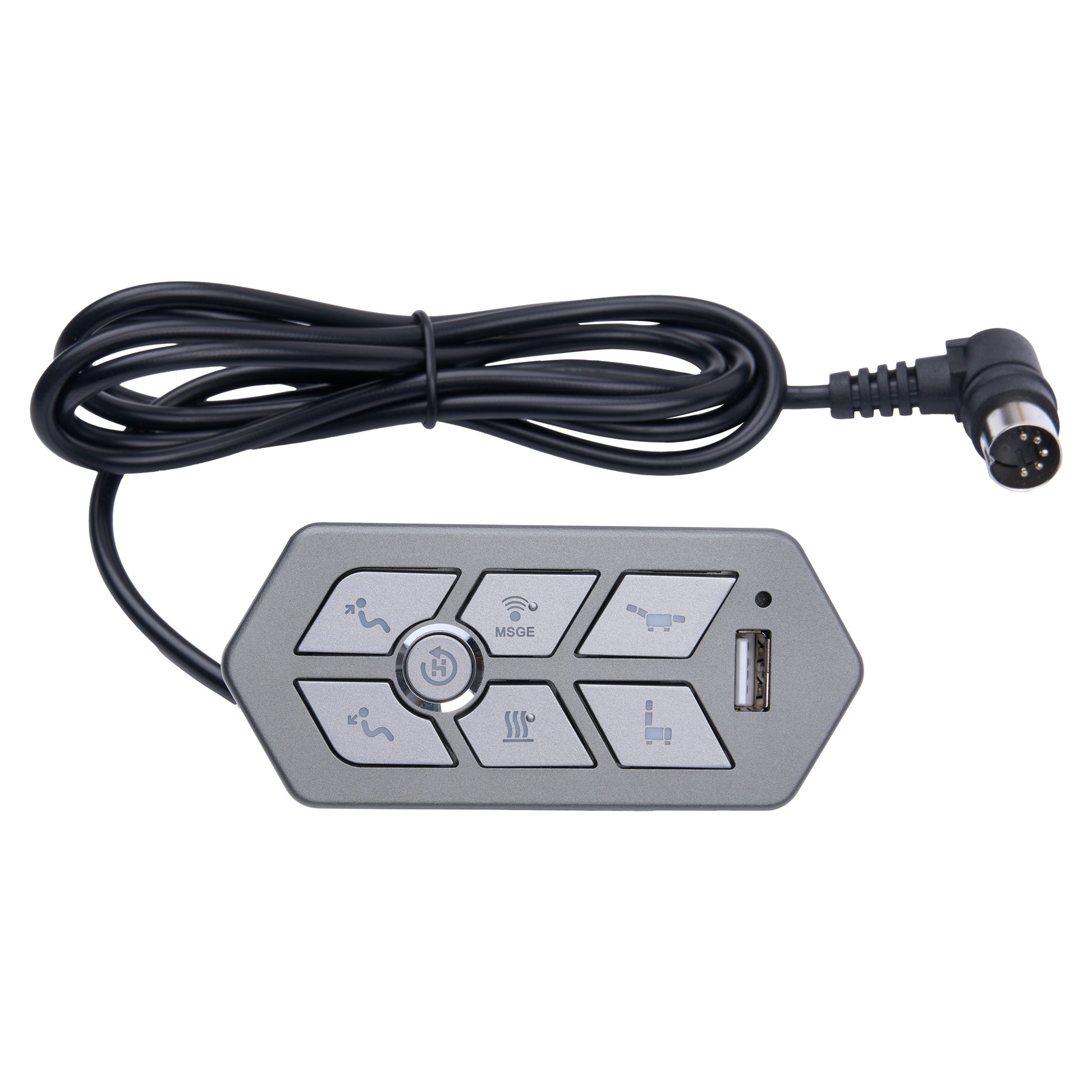 A black and gray automotive electronic control module with a coiled cable and a multi-button faceplate, shown on a plain white background.