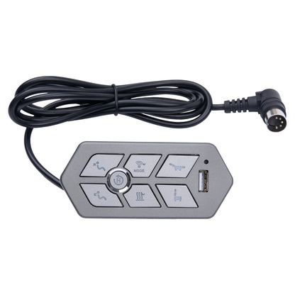 A black and gray automotive electronic control module with a coiled cable and a multi-button faceplate, shown on a plain white background.
