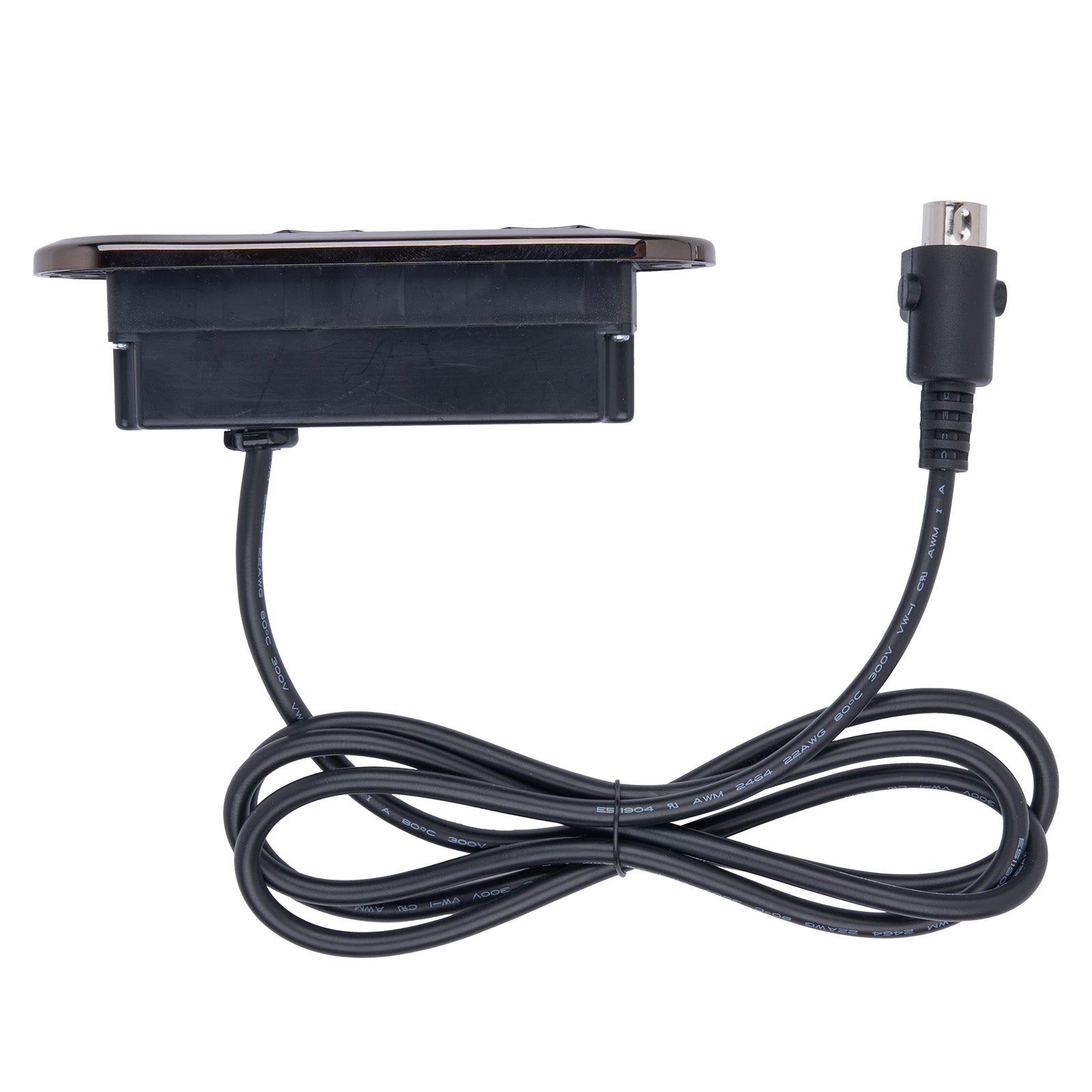Black electronic component with a cable on a white background