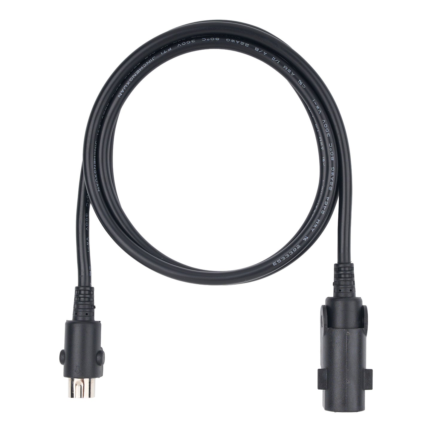 A black extension cable with a micro-USB connector on one end and a USB-C receptacle on the other, coiled on a white background.