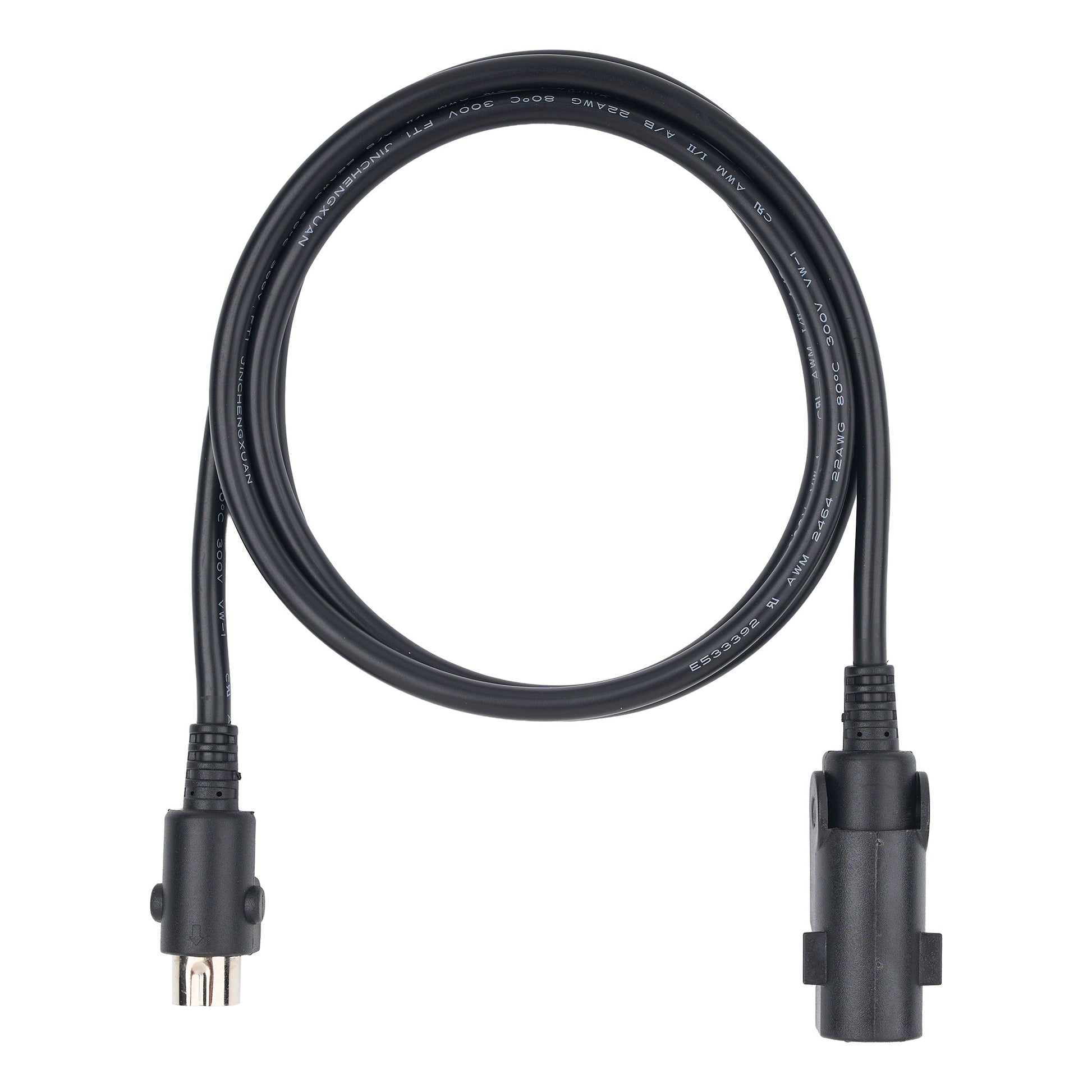A black extension cable with a micro-USB connector on one end and a USB-C receptacle on the other, coiled on a white background.