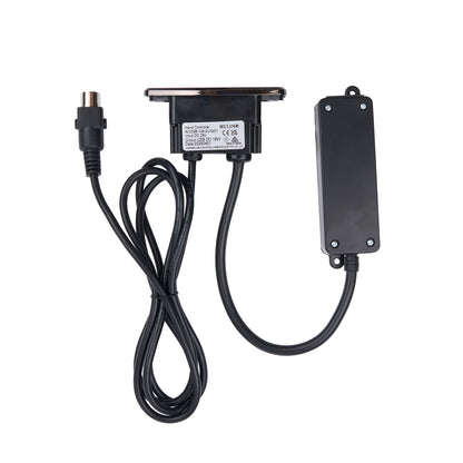 Black electronic device with cable on a white background