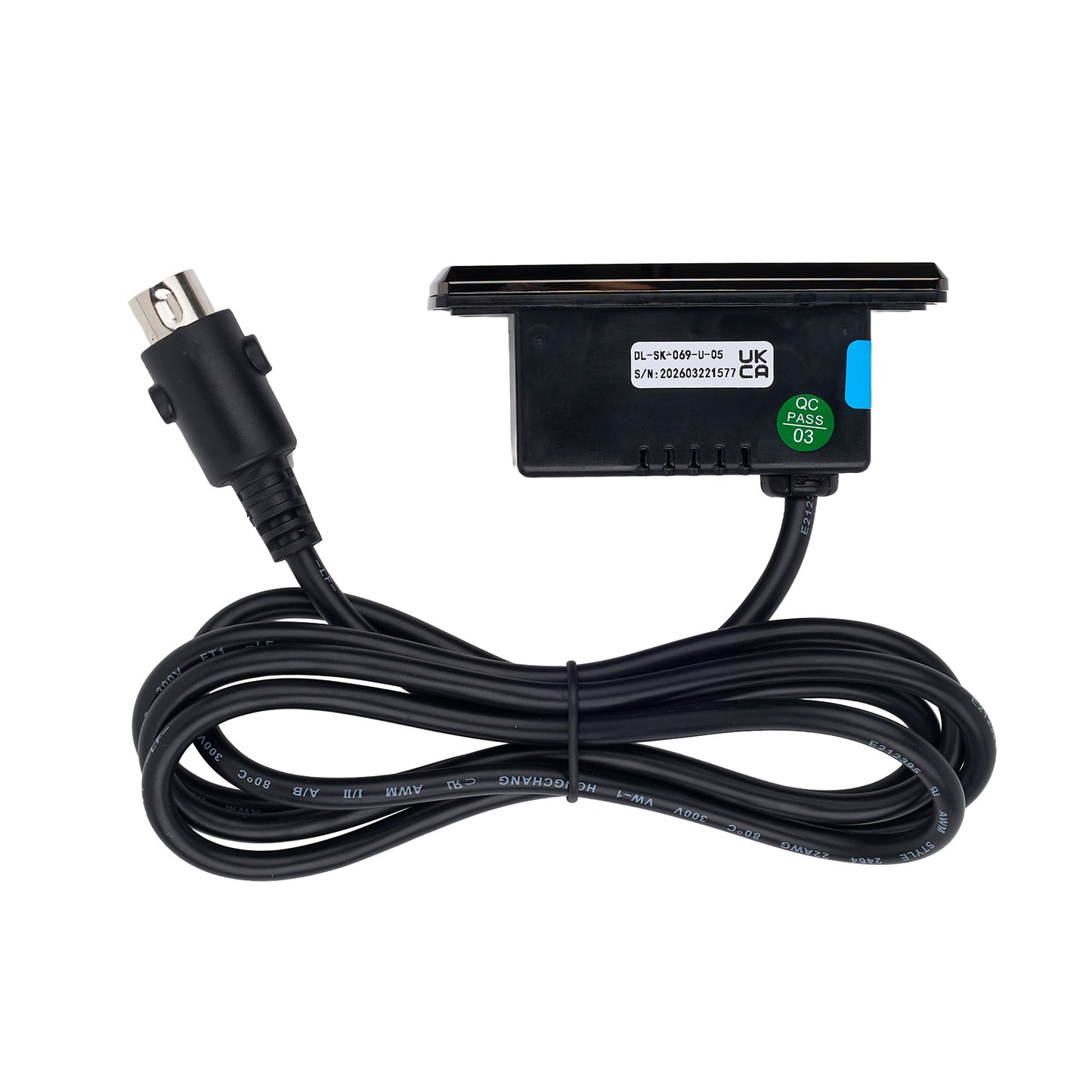Black electronic device with cable on a white background