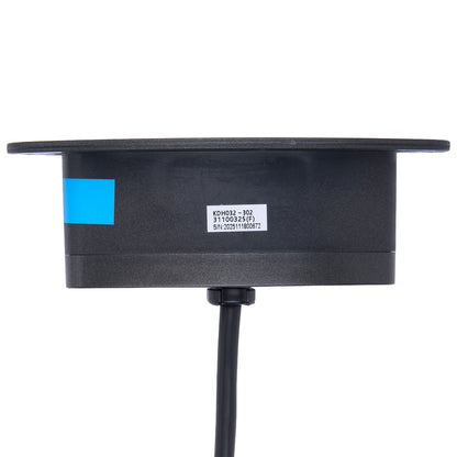 Black electronic device with a blue label on a white background