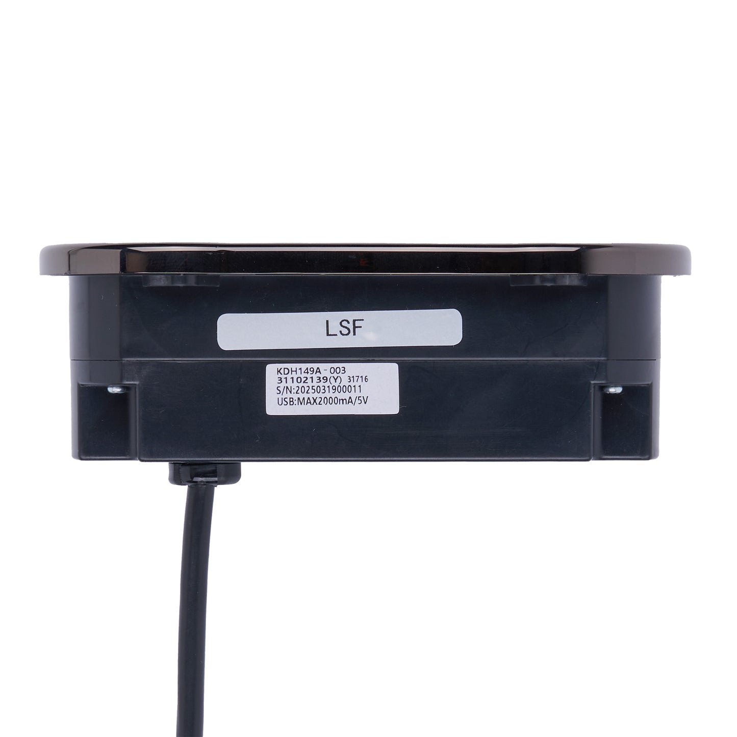 A black rectangular electronic module with a circular top cover, a black power cord extending downward, and two white labels on the front. One label is marked 'LSF' and the other contains technical specifications.