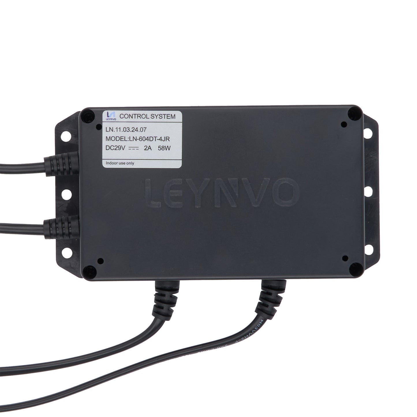 A black industrial electronic control module with a white label reading 'L Control System' and 'Model LN-6040T-4JR', with the brand name 'LEYNVO' embossed on the front, shown on a white background with attached cables.
