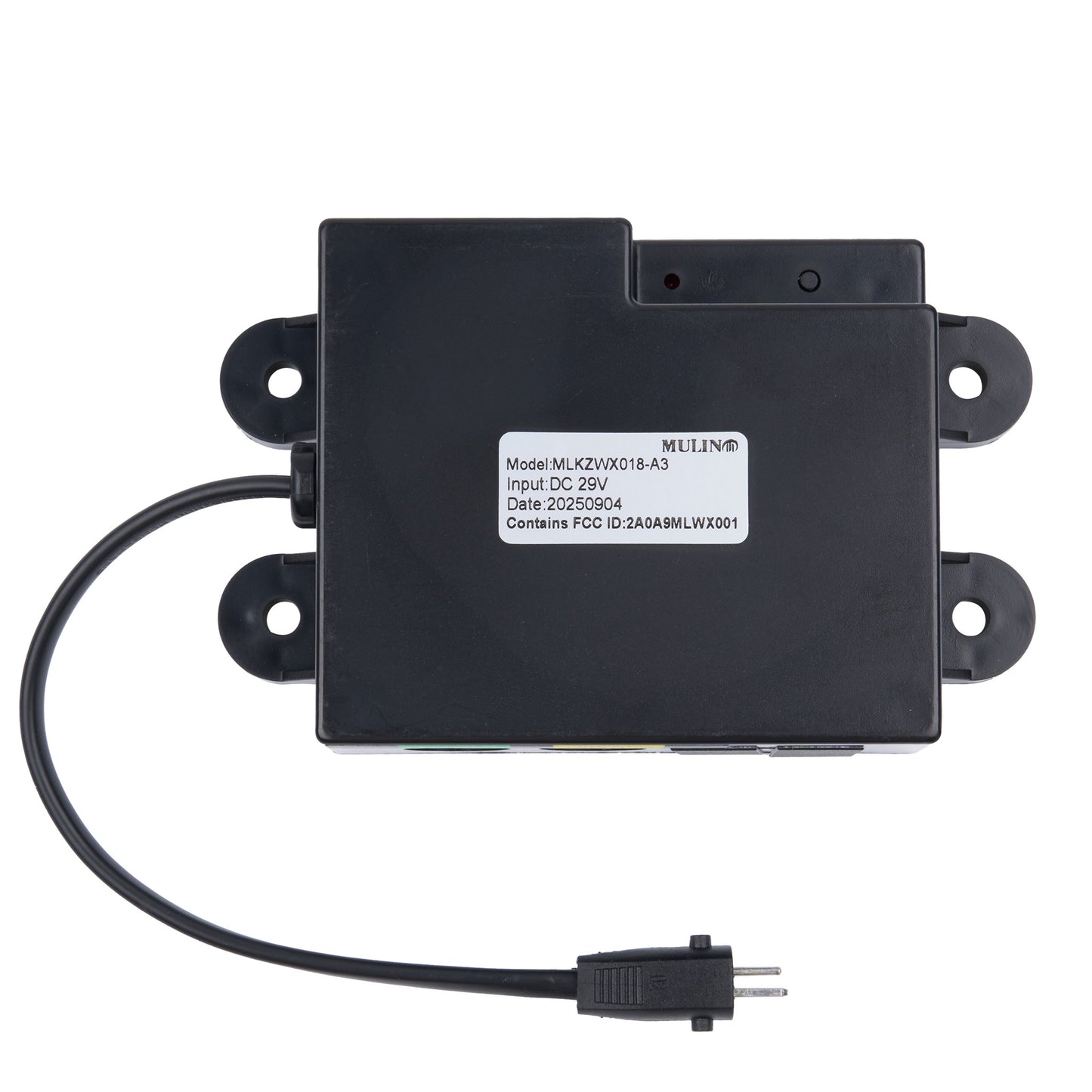 Black electronic device with a cable and plug on a white background