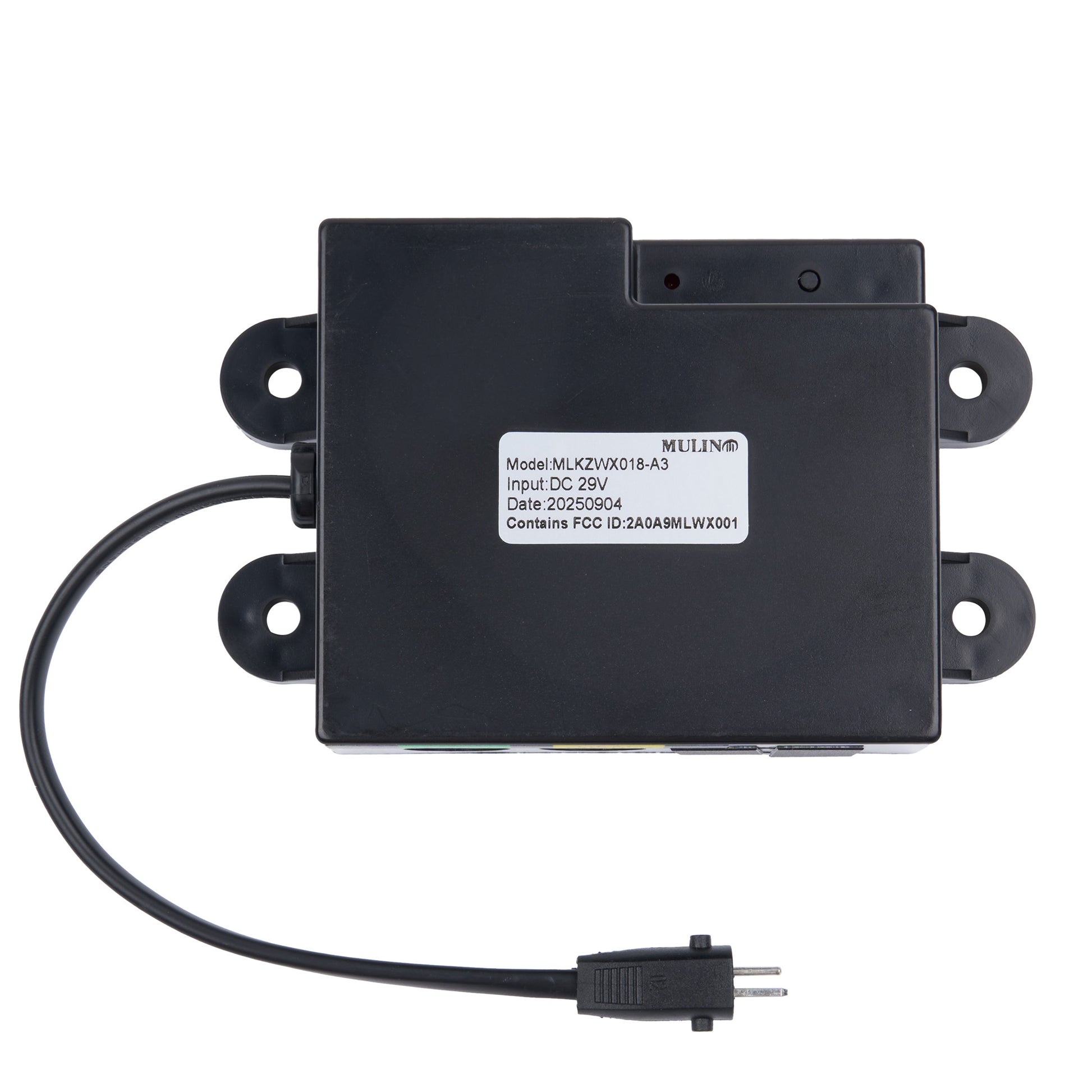 Black electronic device with a cable and plug on a white background