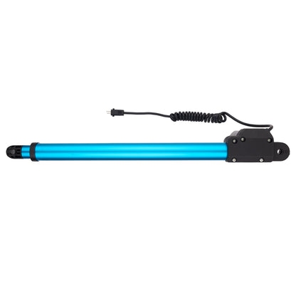 Blue cylindrical device with black accents on a white background
