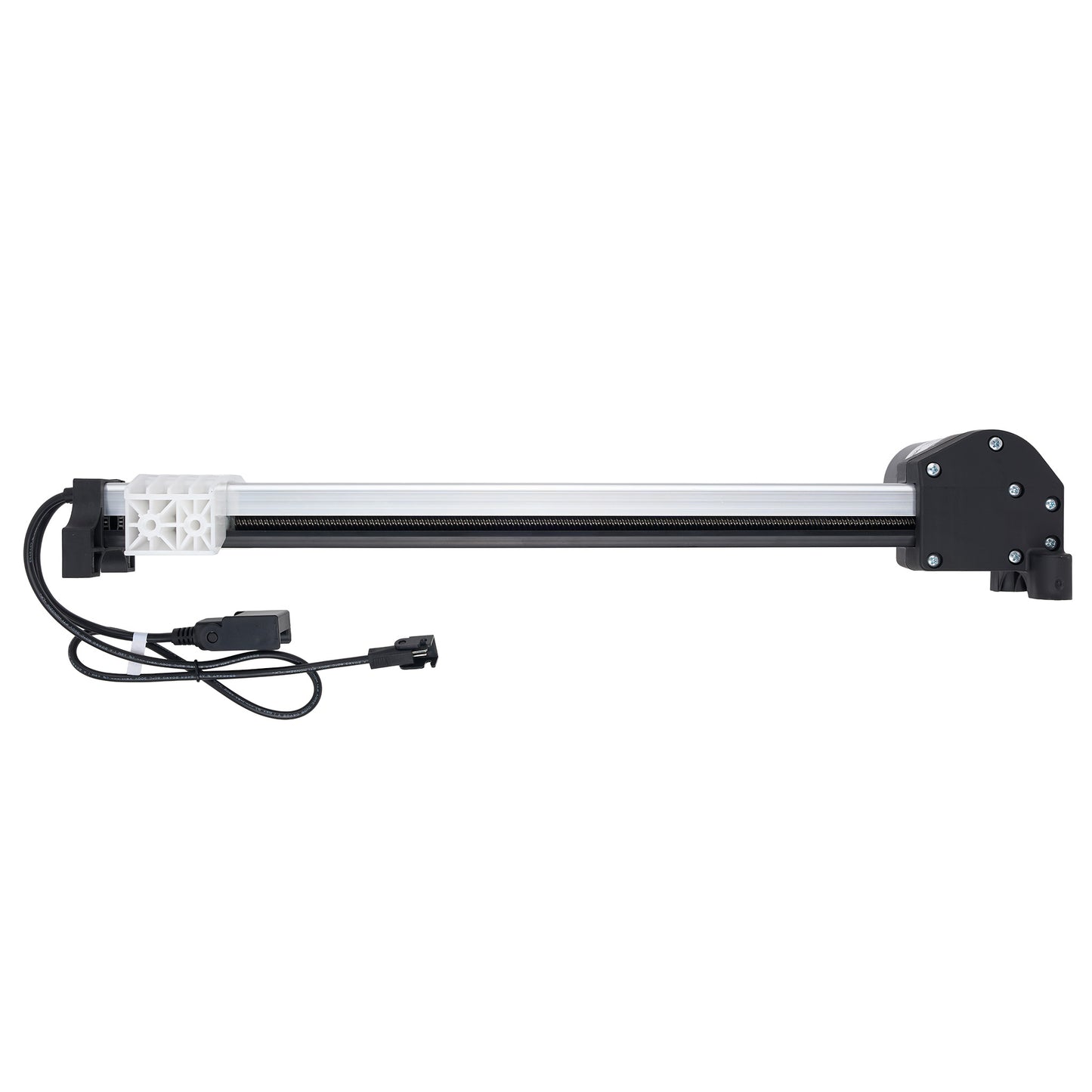 A linear electric slide rail assembly with a black metal rod, black mounting brackets, a white plastic end cap, and an attached black power cable with connectors, shown against a plain white background.