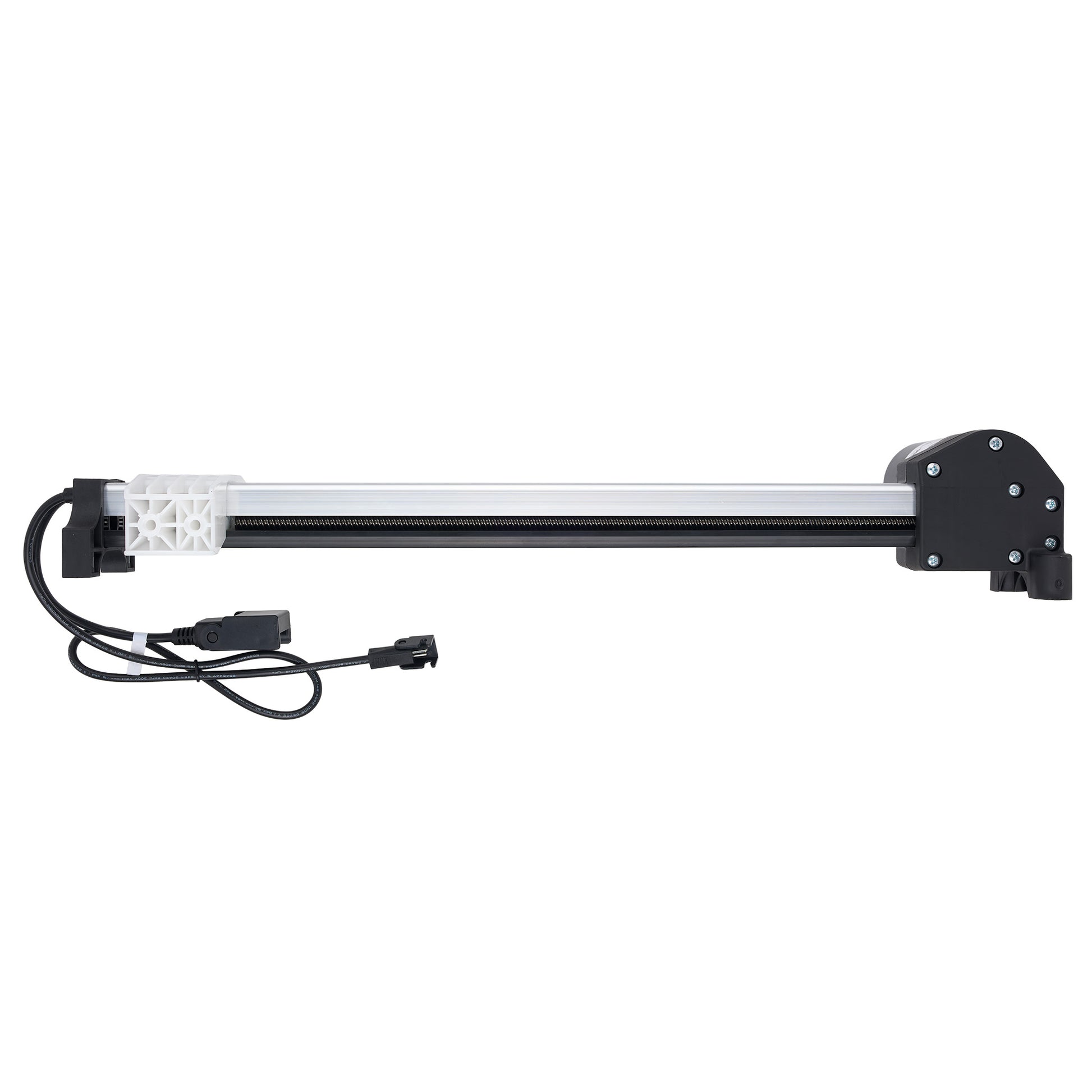 A linear electric slide rail assembly with a black metal rod, black mounting brackets, a white plastic end cap, and an attached black power cable with connectors, shown against a plain white background.