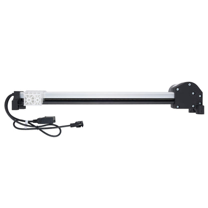 A linear electric slide rail assembly with a black metal rod, black mounting brackets, a white plastic end cap, and an attached black power cable with connectors, shown against a plain white background.