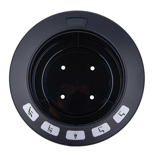 Black circular object with control buttons on a white background