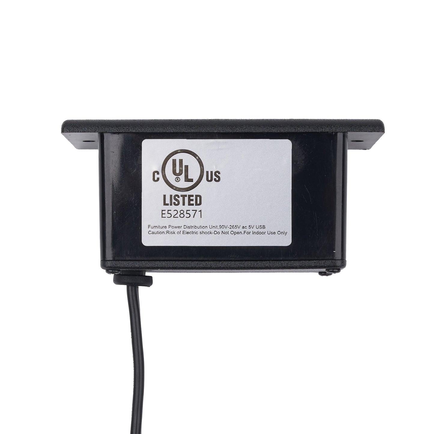 A black UL-listed power distribution unit with a white label showing 'UL LISTED' and a black power cord extending downward, photographed on a plain white background.