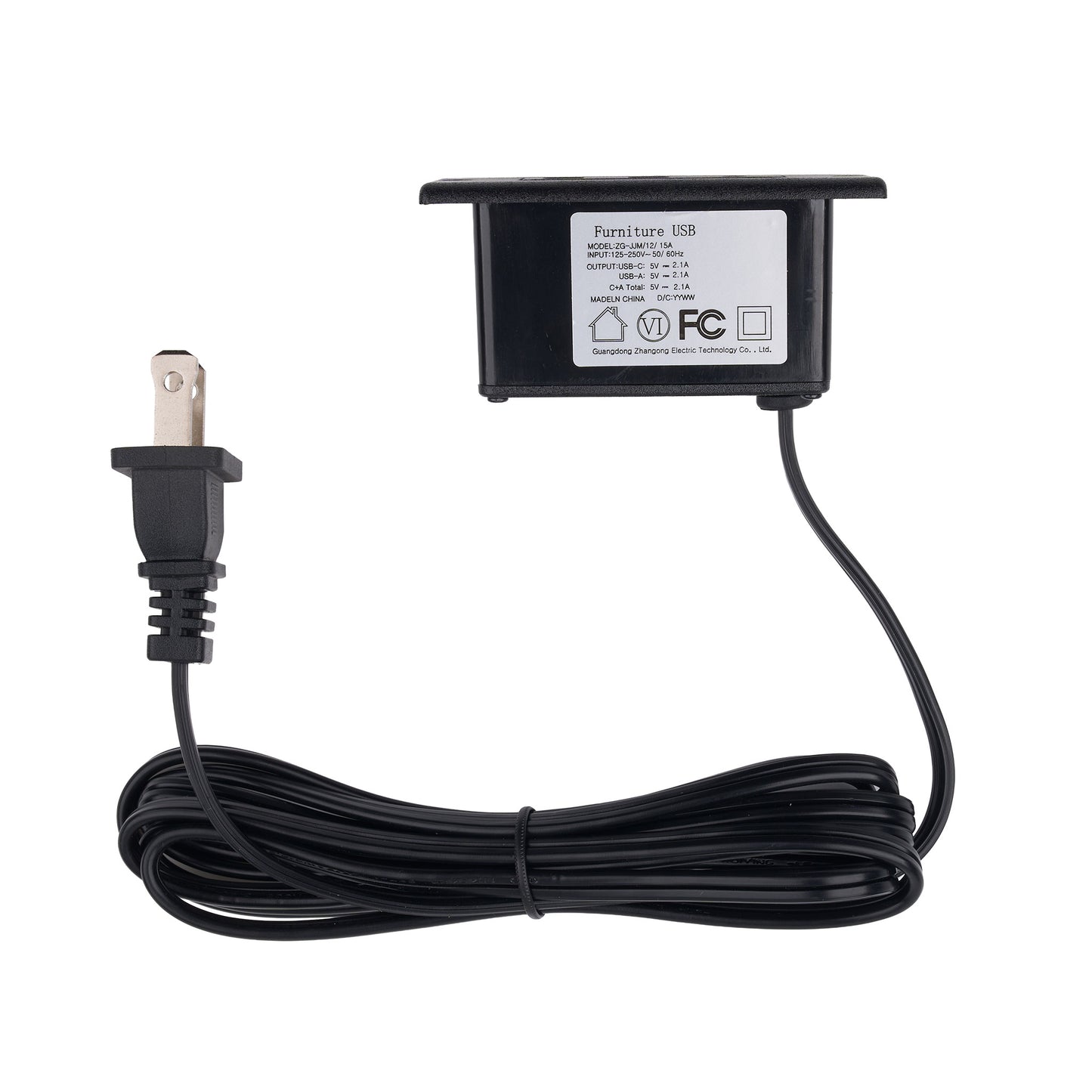 A black Furniture USB power adapter with a coiled black cable and a standard US two-prong power plug, shown on a plain white background.