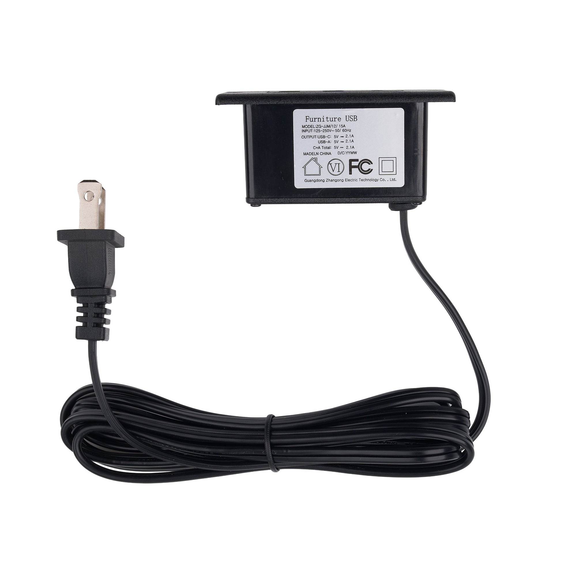 A black Furniture USB power adapter with a coiled black cable and a standard US two-prong power plug, shown on a plain white background.
