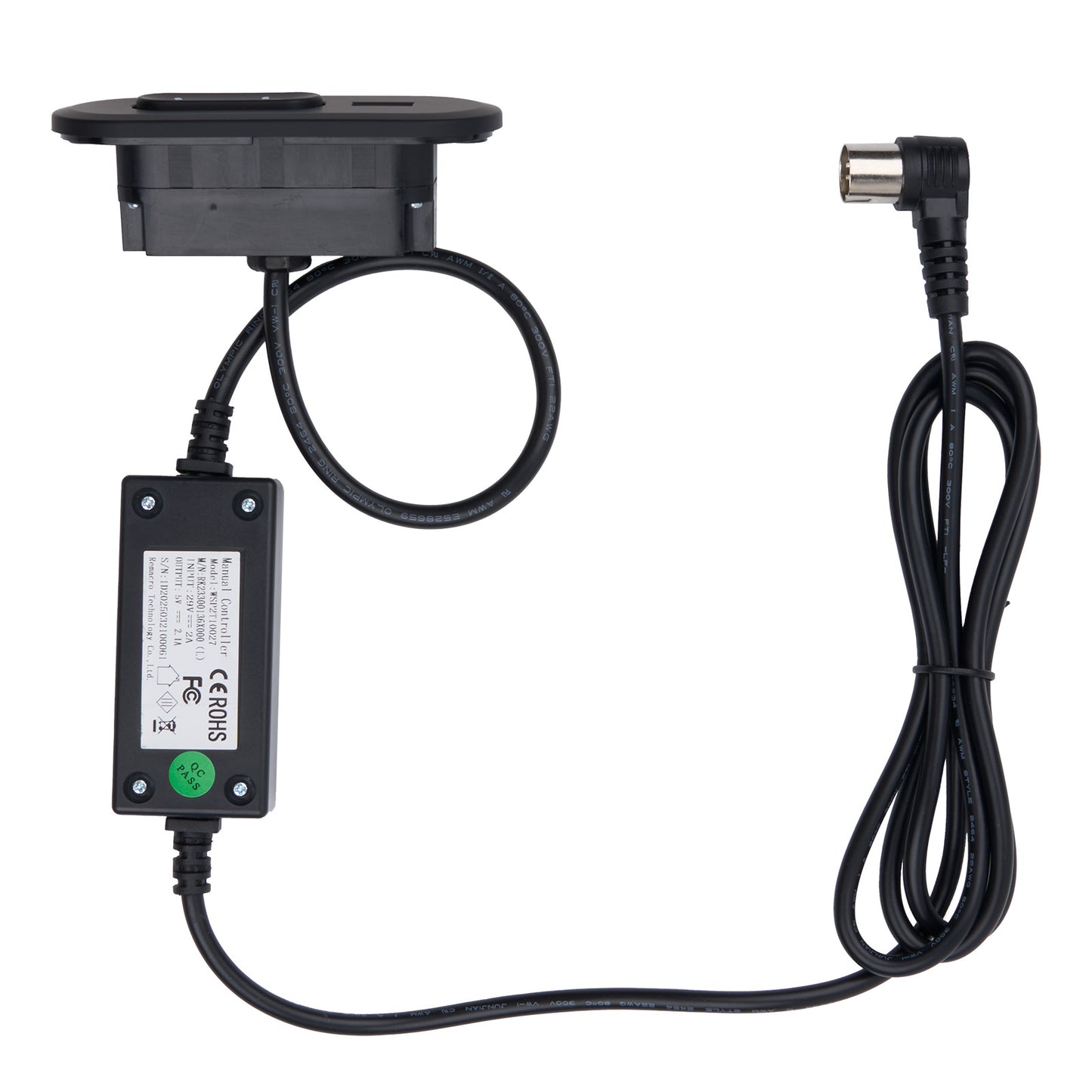 Black electronic device with cables on a white background