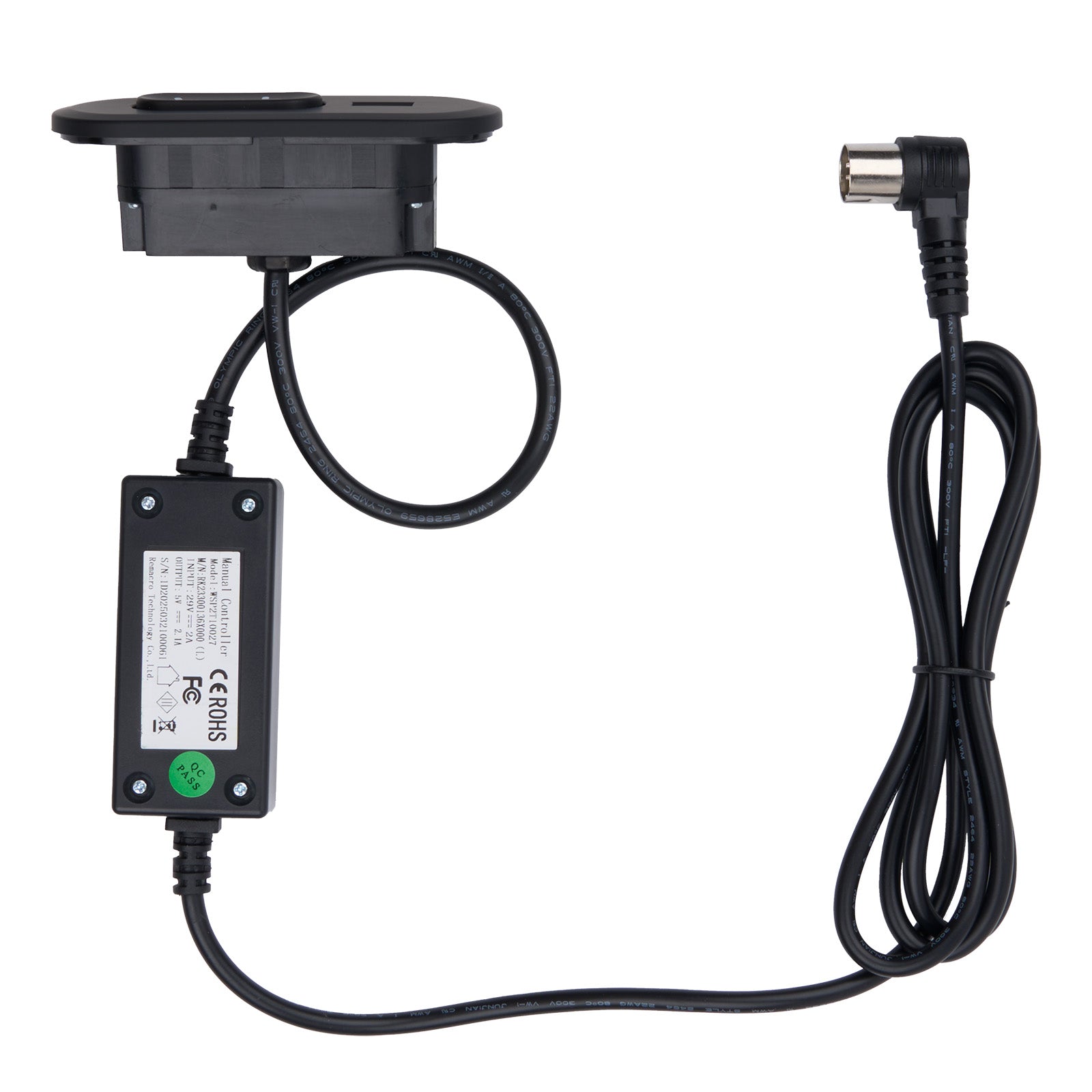 Black electronic device with cables on a white background