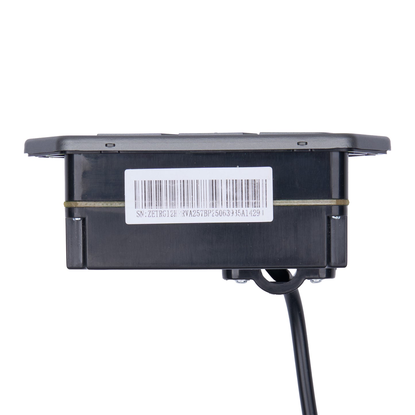 A black plastic electronic module or junction box with a barcode label on the side and a black cable extending downward, shown against a plain white background.