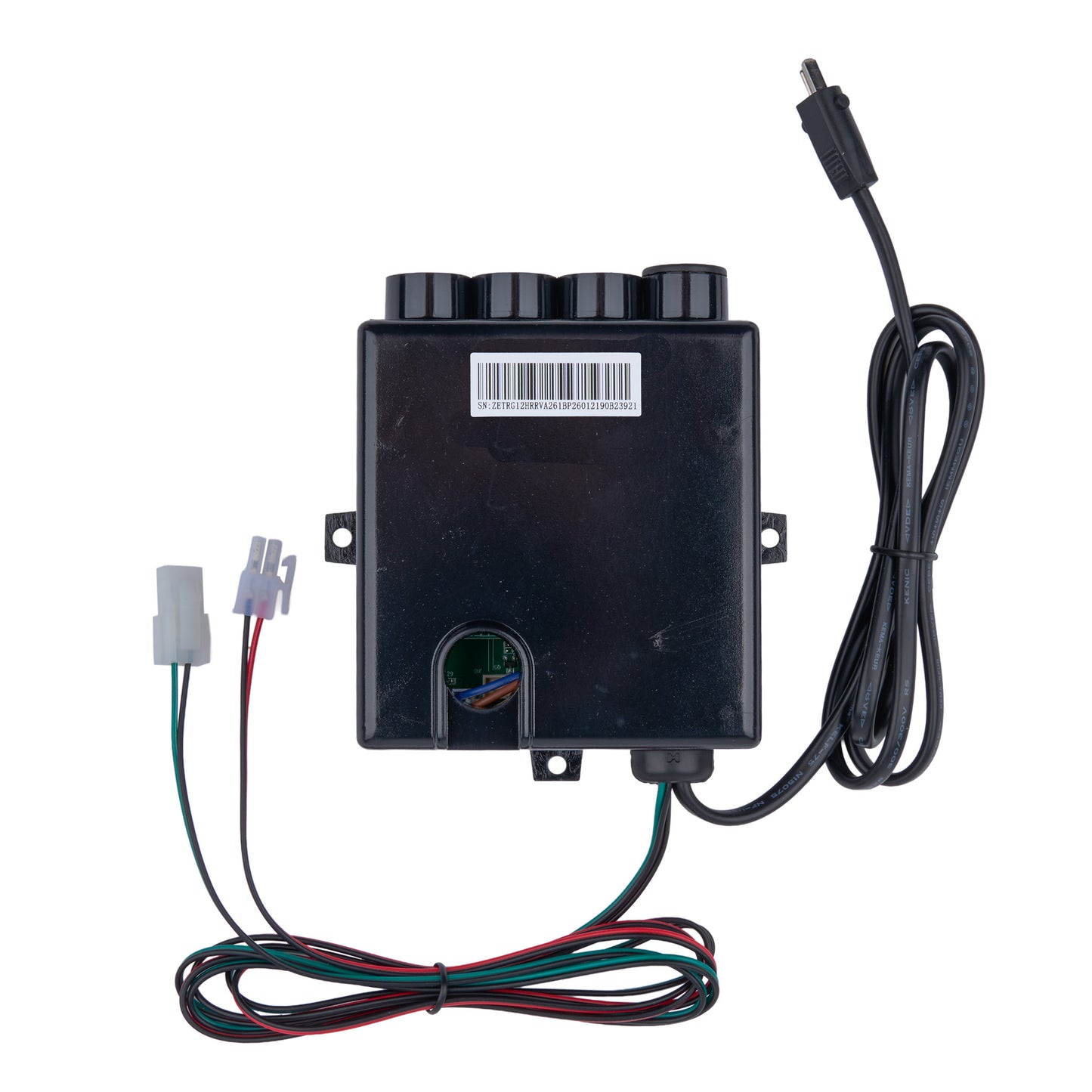 A black plastic automotive electronic control module with a power cable, multi-pin connectors, and a barcode label, shown on a white background.