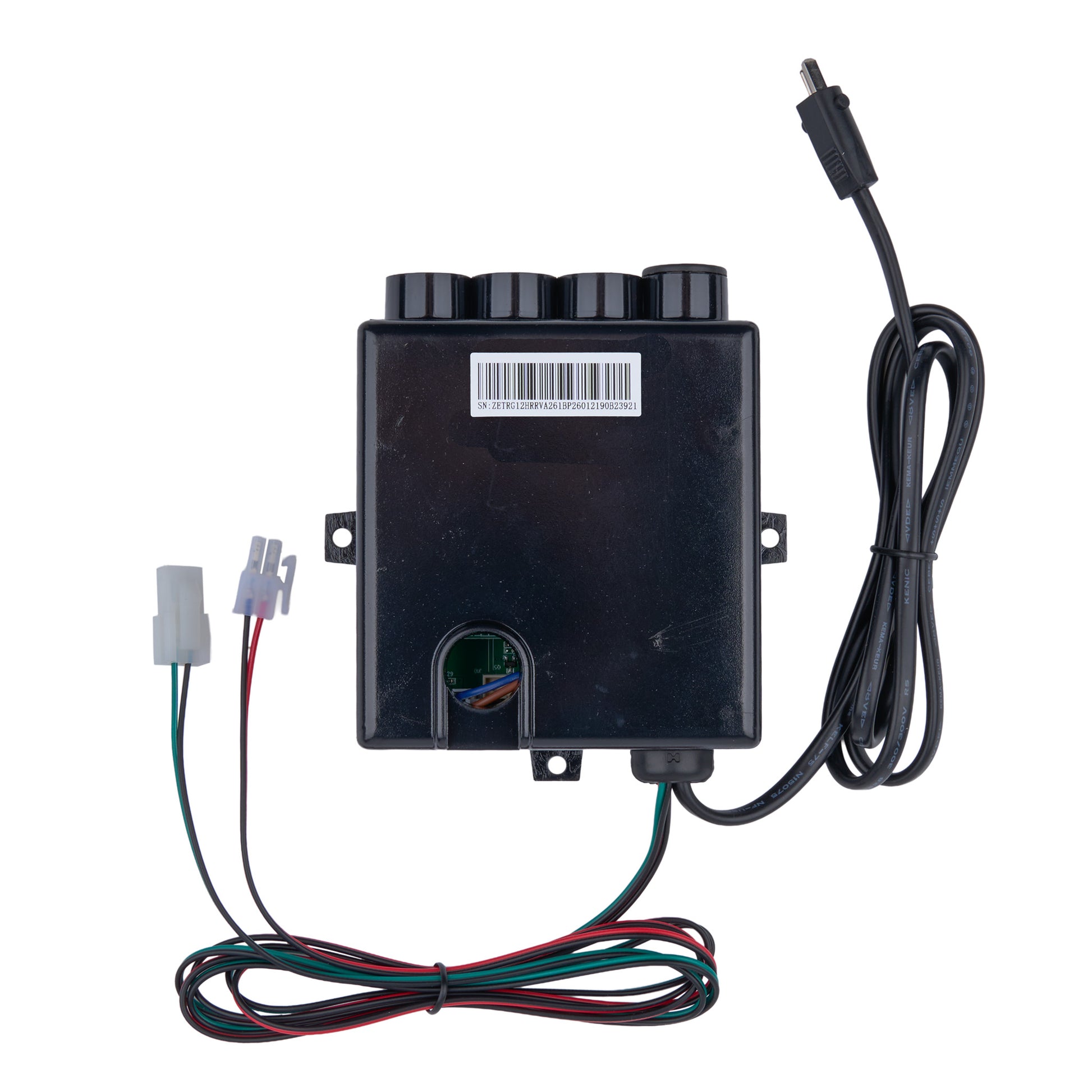 A black plastic automotive electronic control module with a power cable, multi-pin connectors, and a barcode label, shown on a white background.