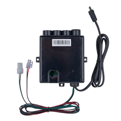 A black plastic automotive electronic control module with a power cable, multi-pin connectors, and a barcode label, shown on a white background.