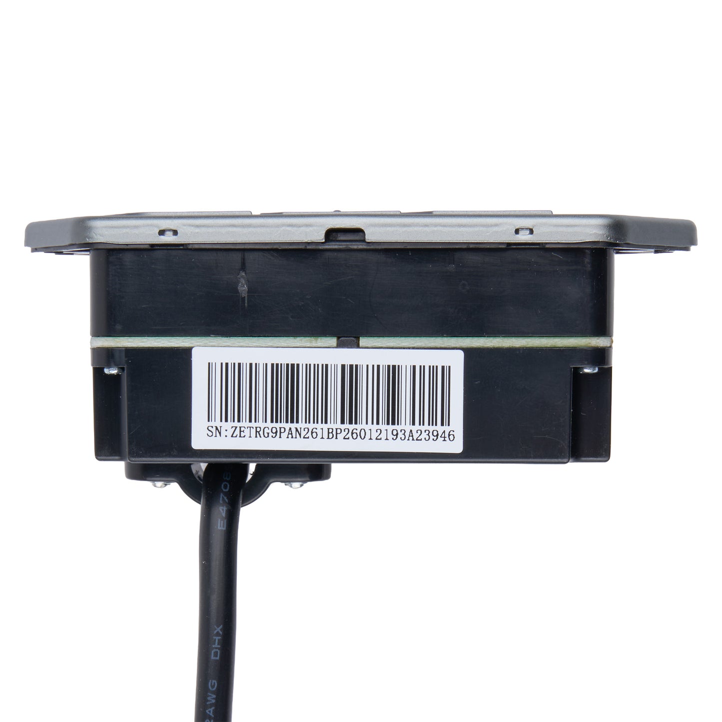 A black automotive electronic control module with a barcode label on the side and a black cable extending downward, shown against a plain white background.