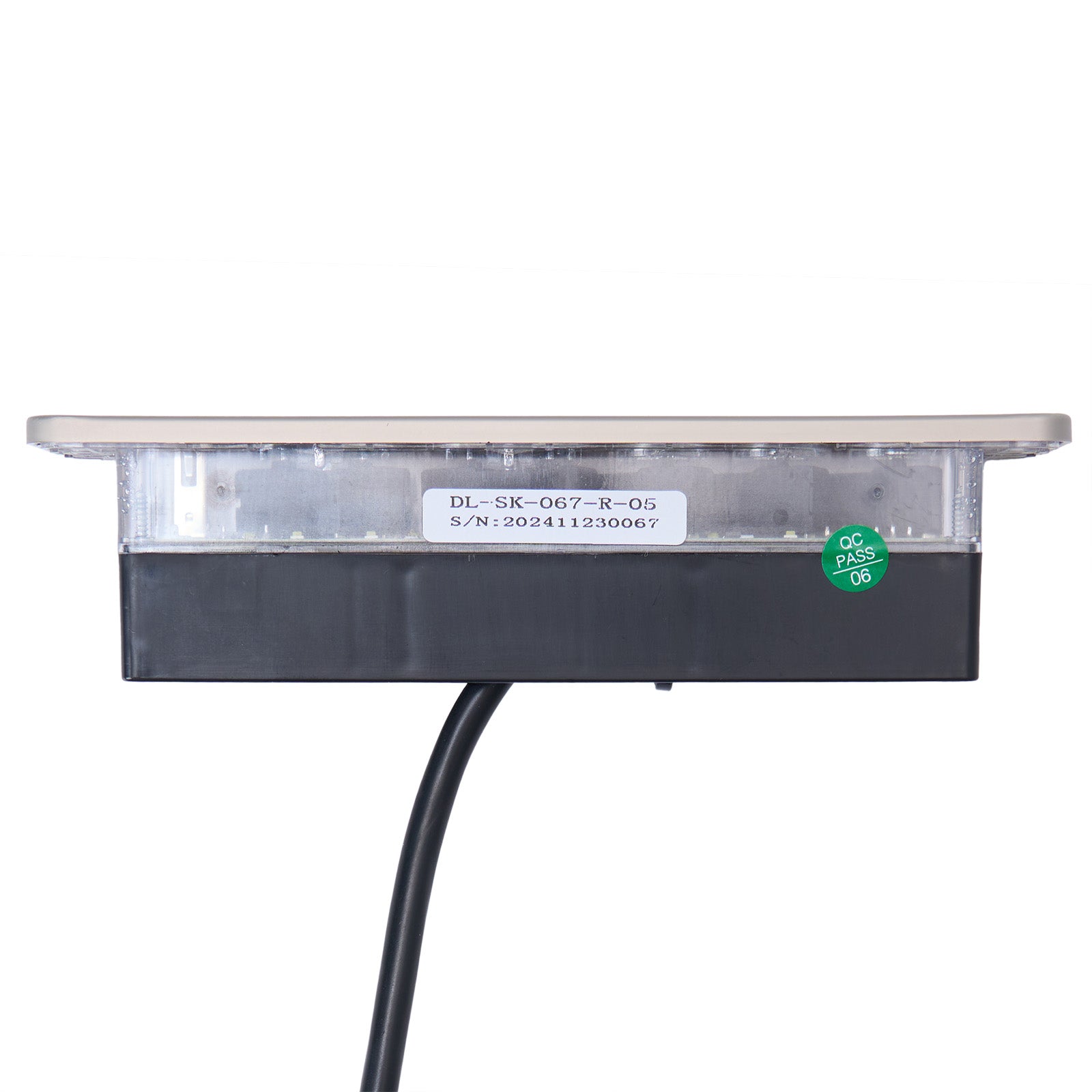 Light fixture with visible branding and certification on a white background