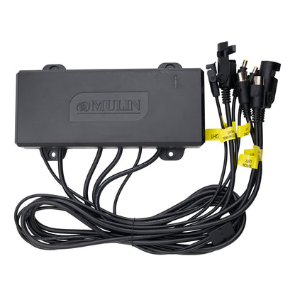 A black Omulin electronic control box with multiple black cables and connectors, secured with yellow tape, on a white background.