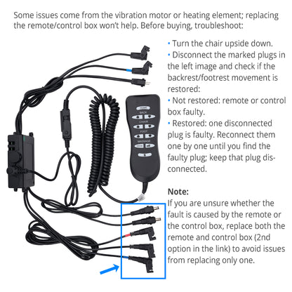 Black remote control chair adjustment box with coiled cord, power adapter, and multiple plug connectors, shown with bullet points and a note explaining troubleshooting and replacement parts.