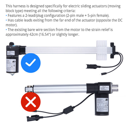 Electric sliding actuator with cable leads and specifications on a white background