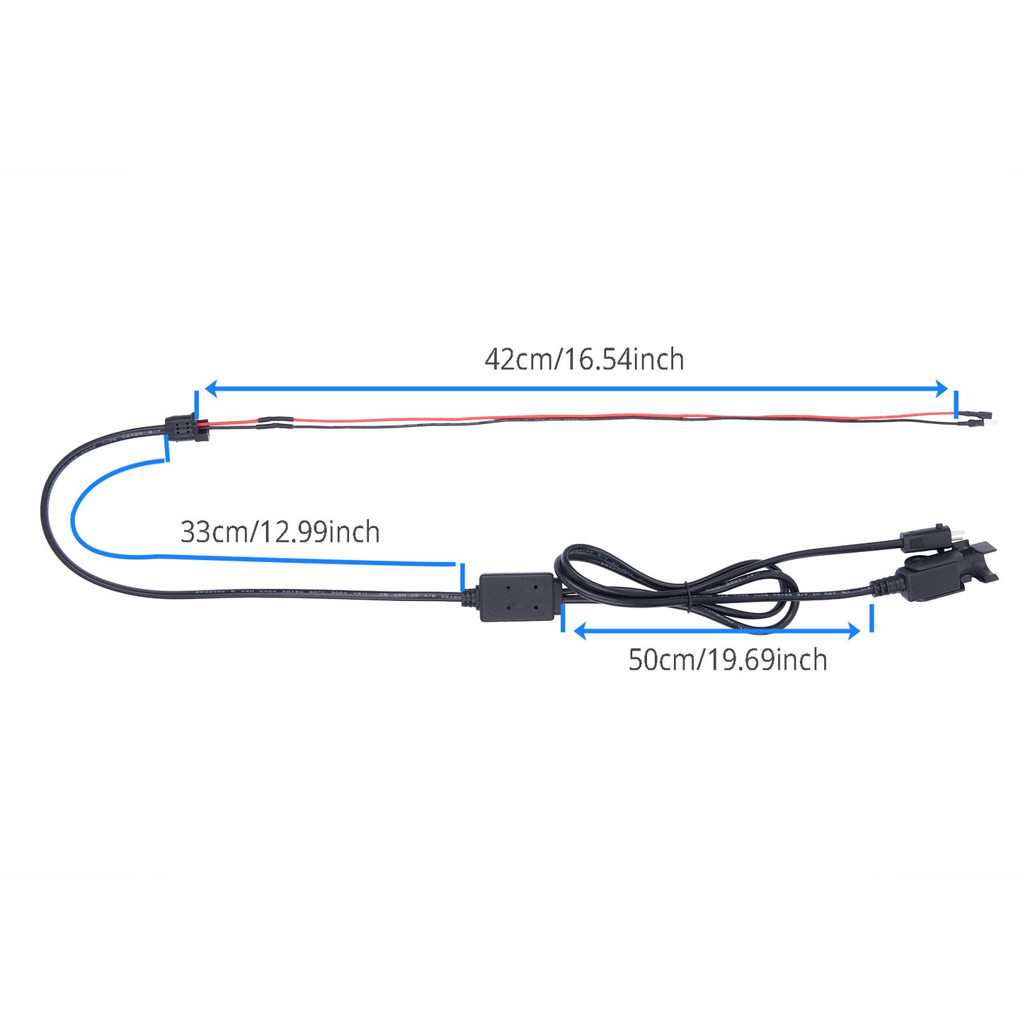 Wiring harness with labeled dimensions on a white background