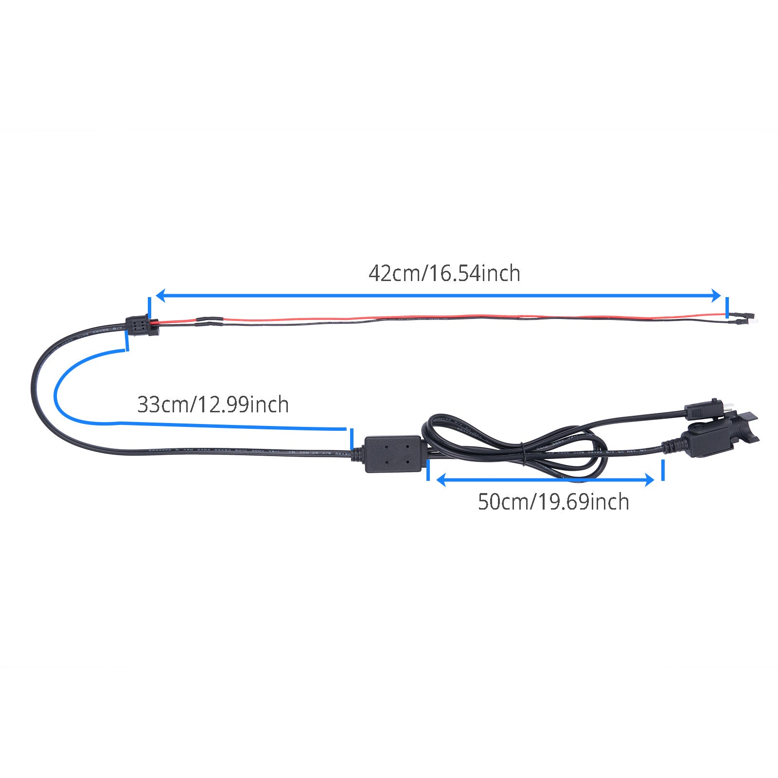 Wiring harness with labeled dimensions on a white background