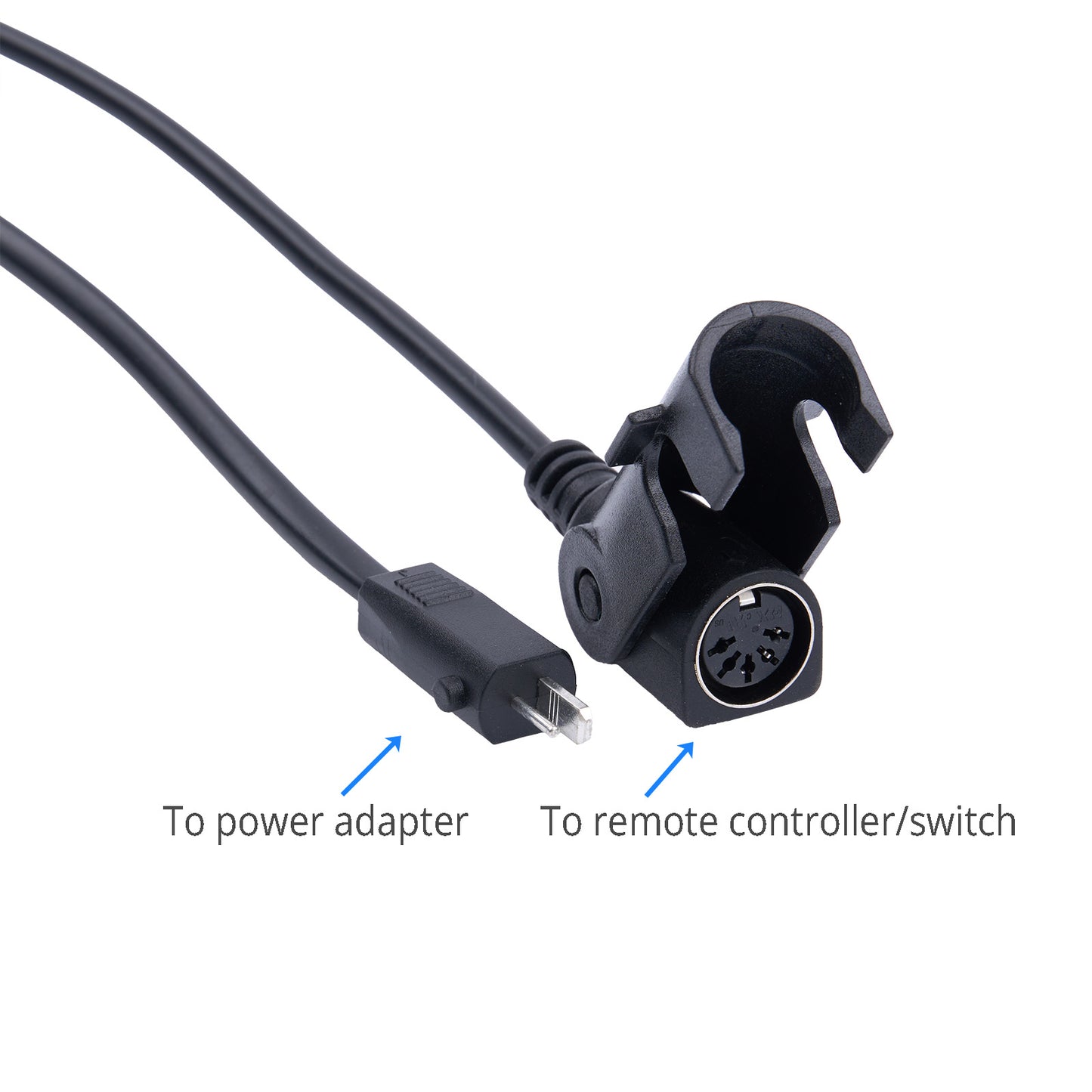 Cable with power adapter and remote controller switch connectors on a white background