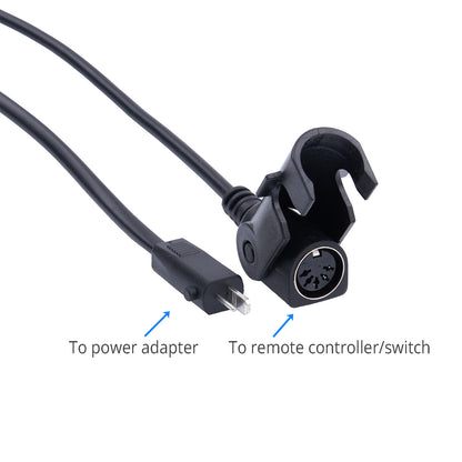 Cable with power adapter and remote controller switch connectors on a white background