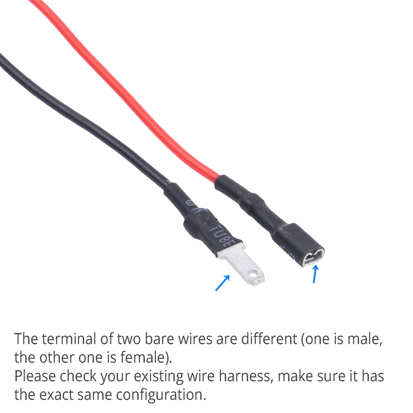 Two bare wires with different terminals on a white background