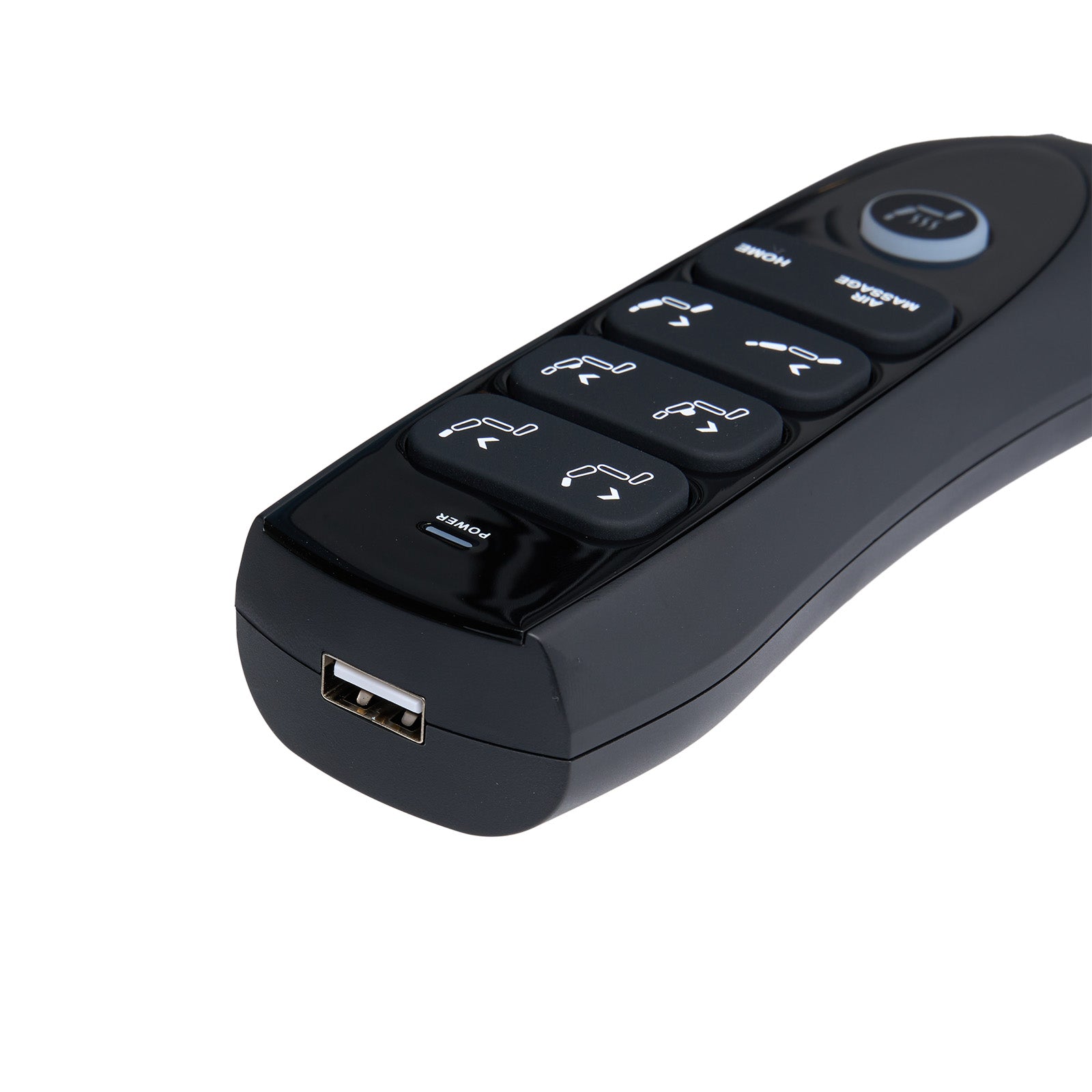 Black remote control with buttons on a white background