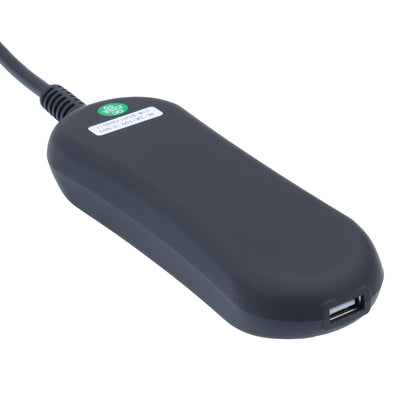 Black USB device with a cable on a white background