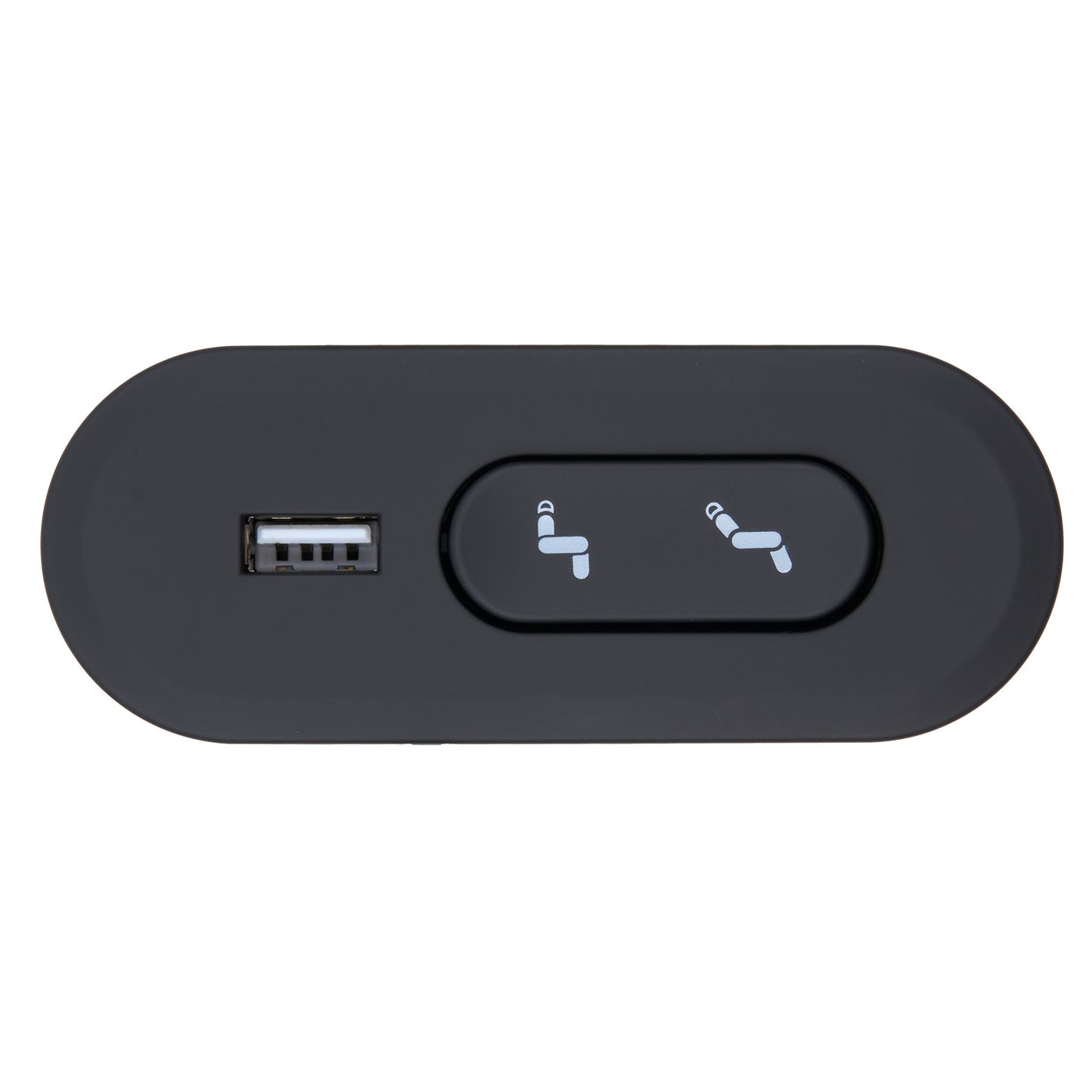 Black electronic device with USB port and indicator lights on a white background