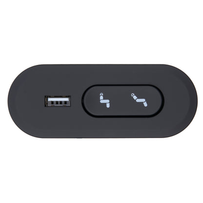 Black electronic device with USB port and indicator lights on a white background