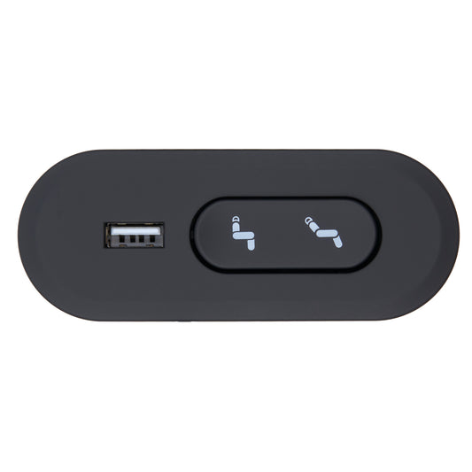 Black electronic device with USB port and indicator lights on a white background