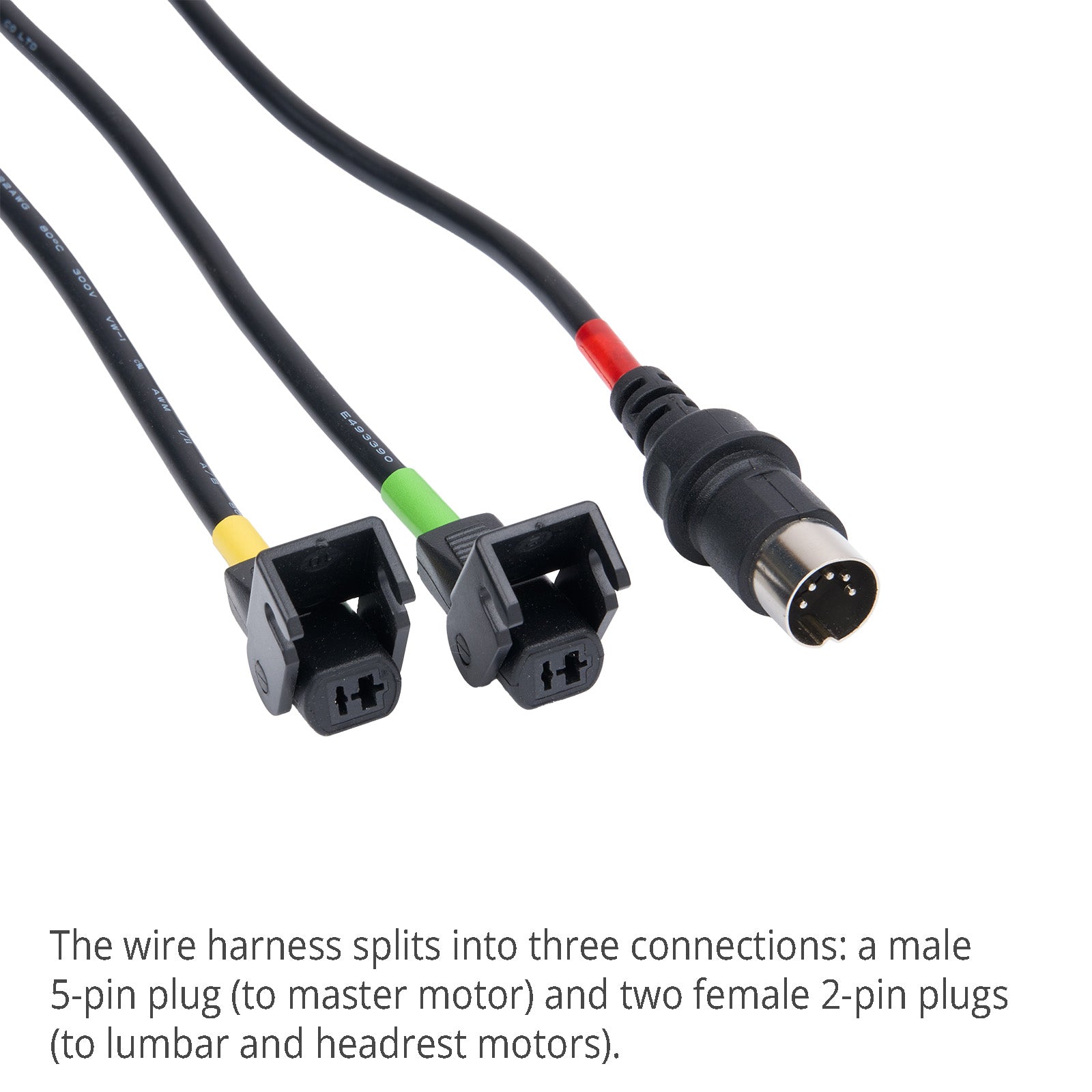 Wire harness with male 5-pin and two female 2-pin plugs on a white background.