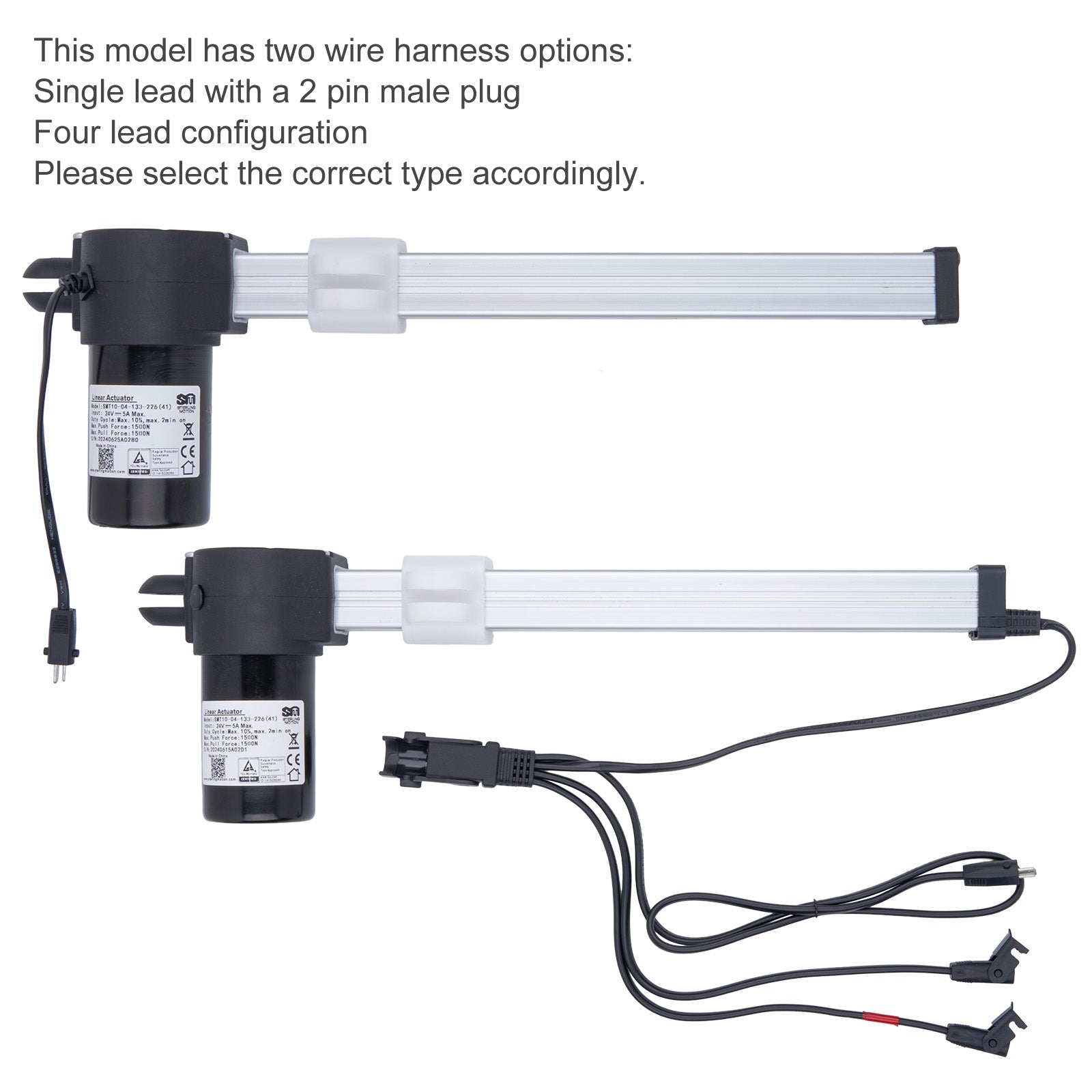 Two wire harness options for a model with text explaining the differences.