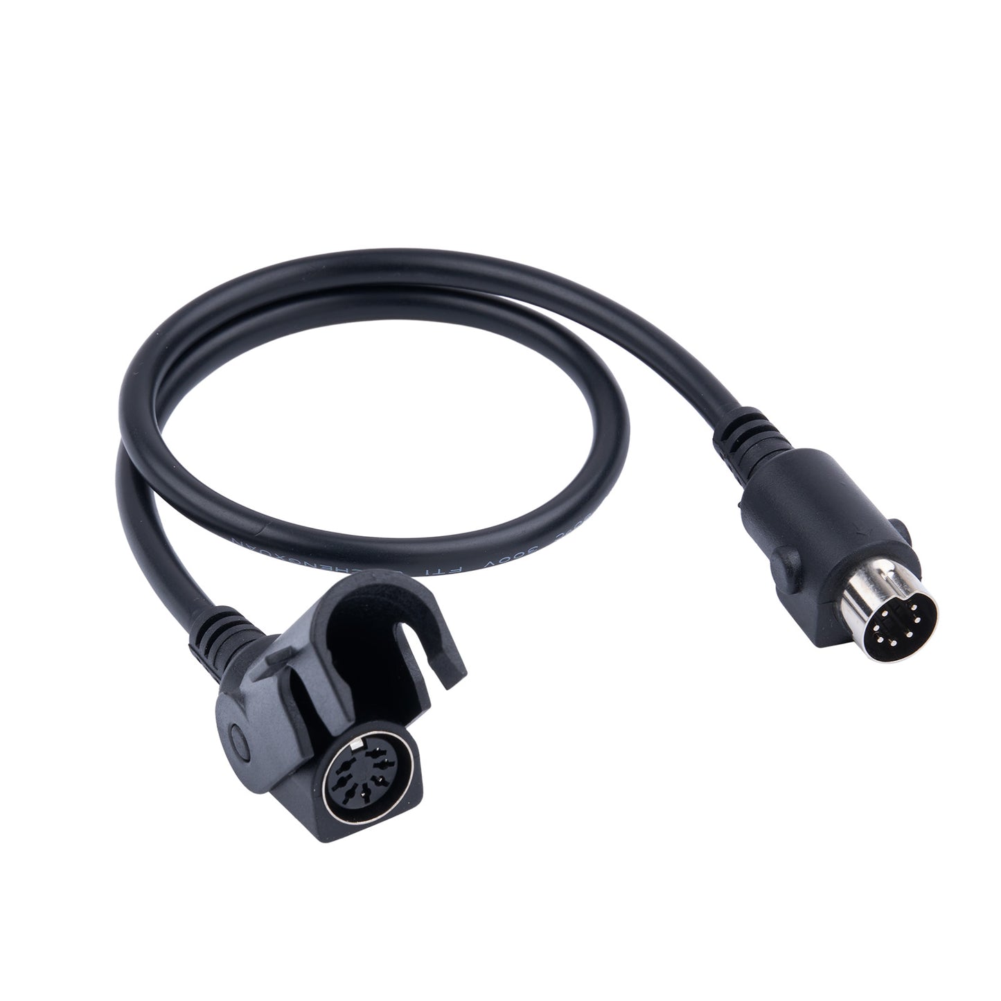 Black cable with two connectors on a white background