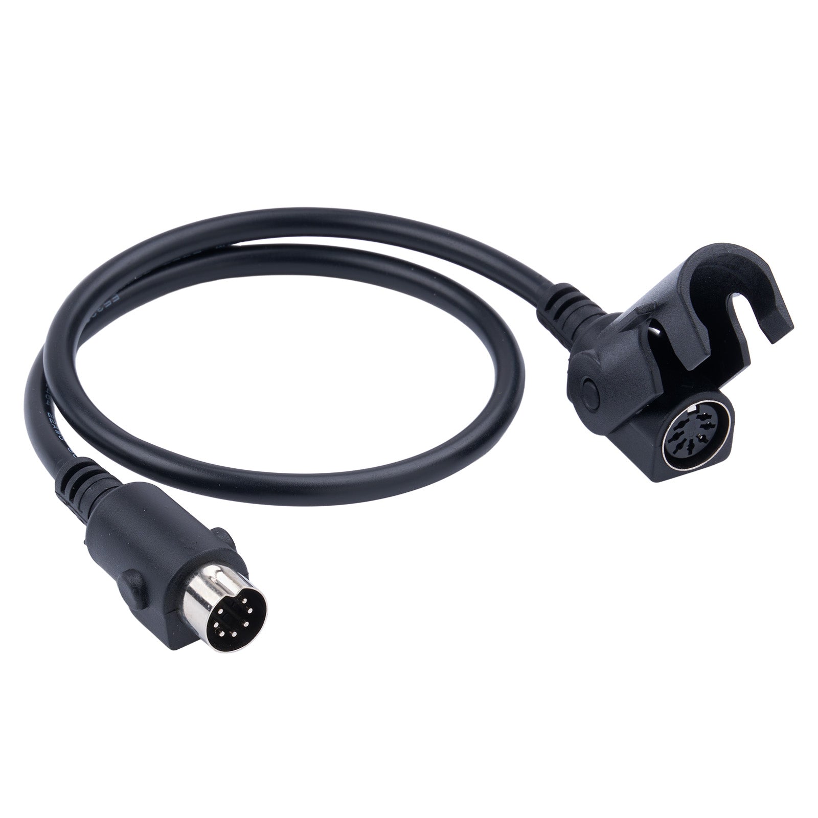 Black cable with connectors on a white background